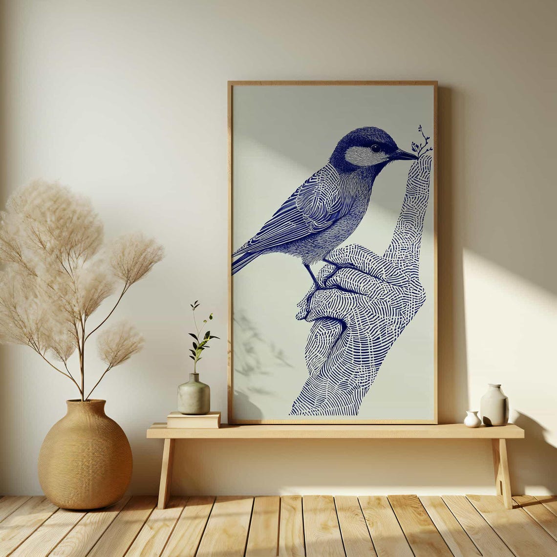 Songbird Perched on a Hand Indigo Ink Line Drawing Art Poster - Image 4