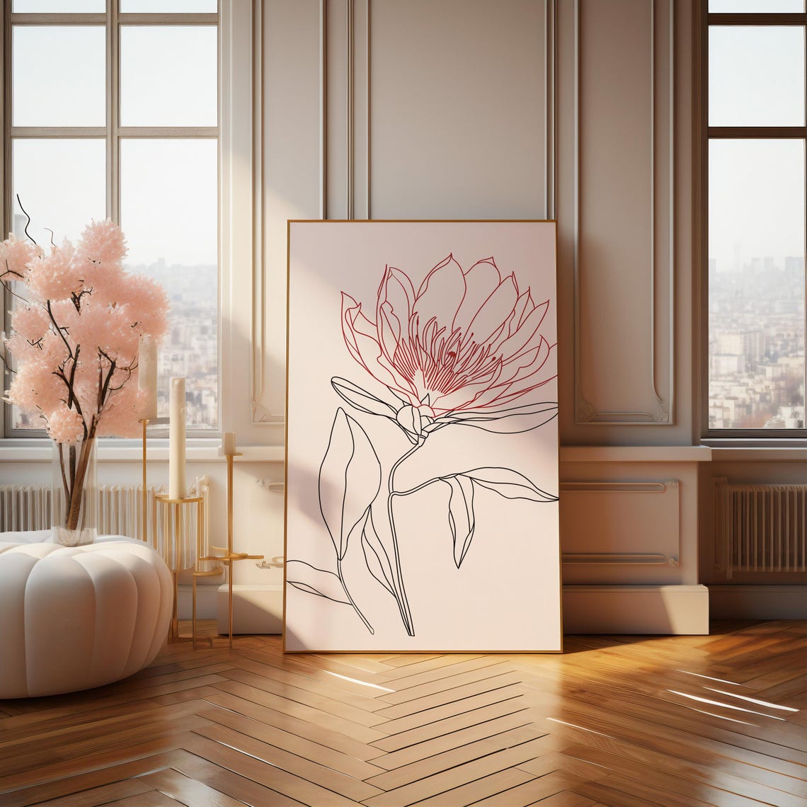 Single Protea Flower Minimal Red Line Drawing Modern Art Poster - Image 4