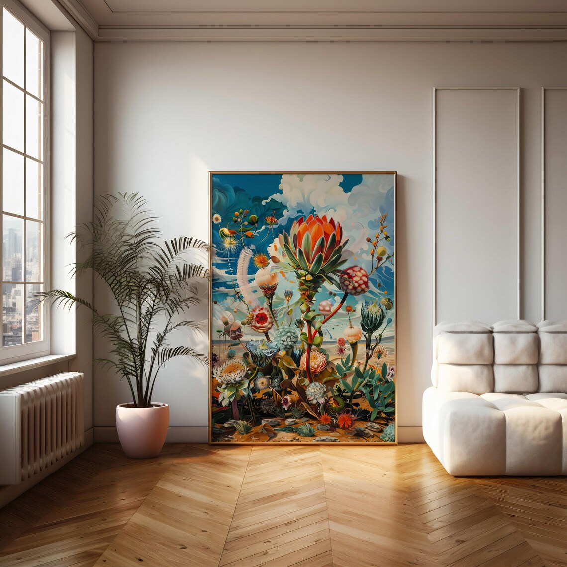 Whimsical Protea Meadow Surreal Bright Blue Sky Fantasy Art Poster - Image 2