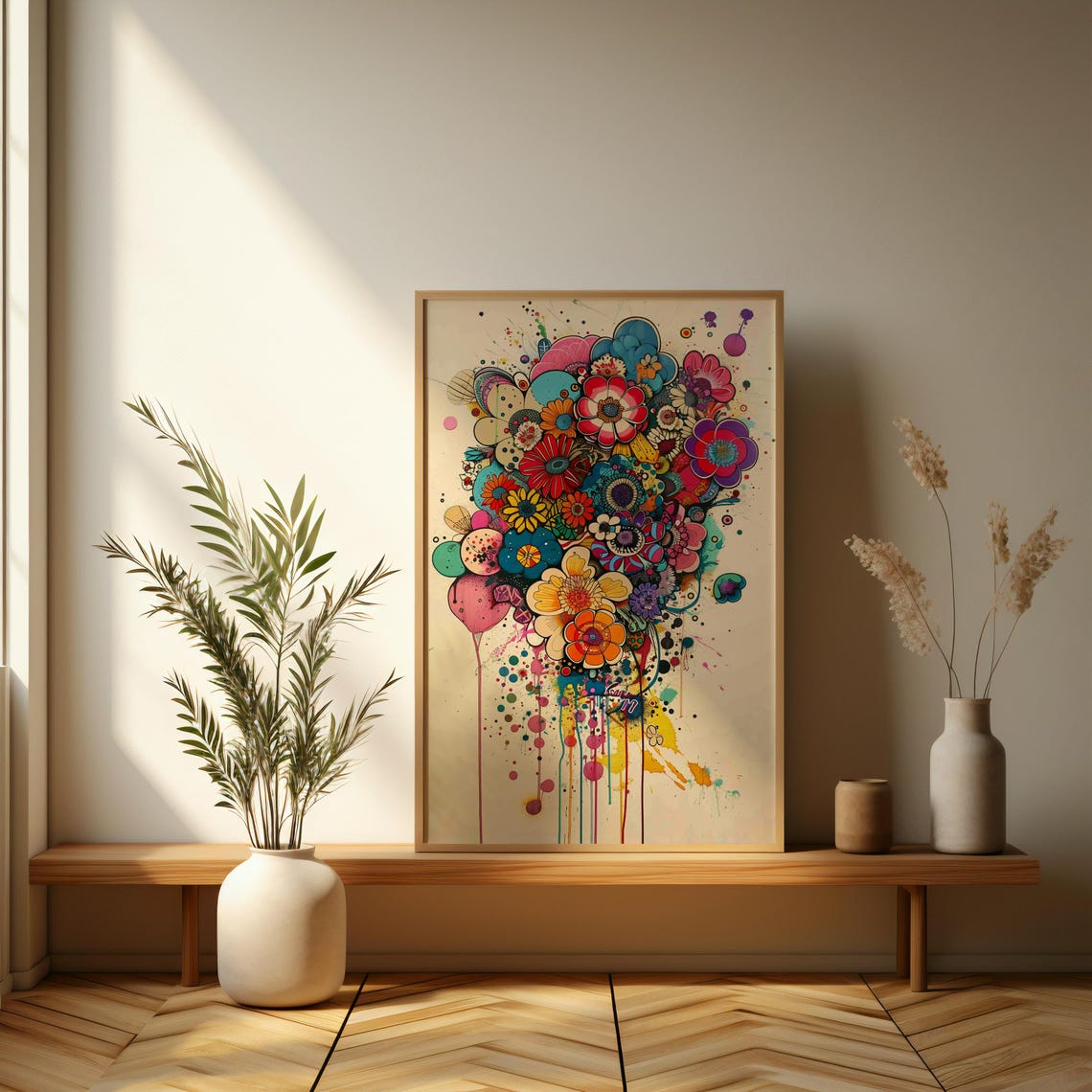 Colorful Doodle Flower Bunch Graffiti Drip Paint Playful Art Print - Image 3