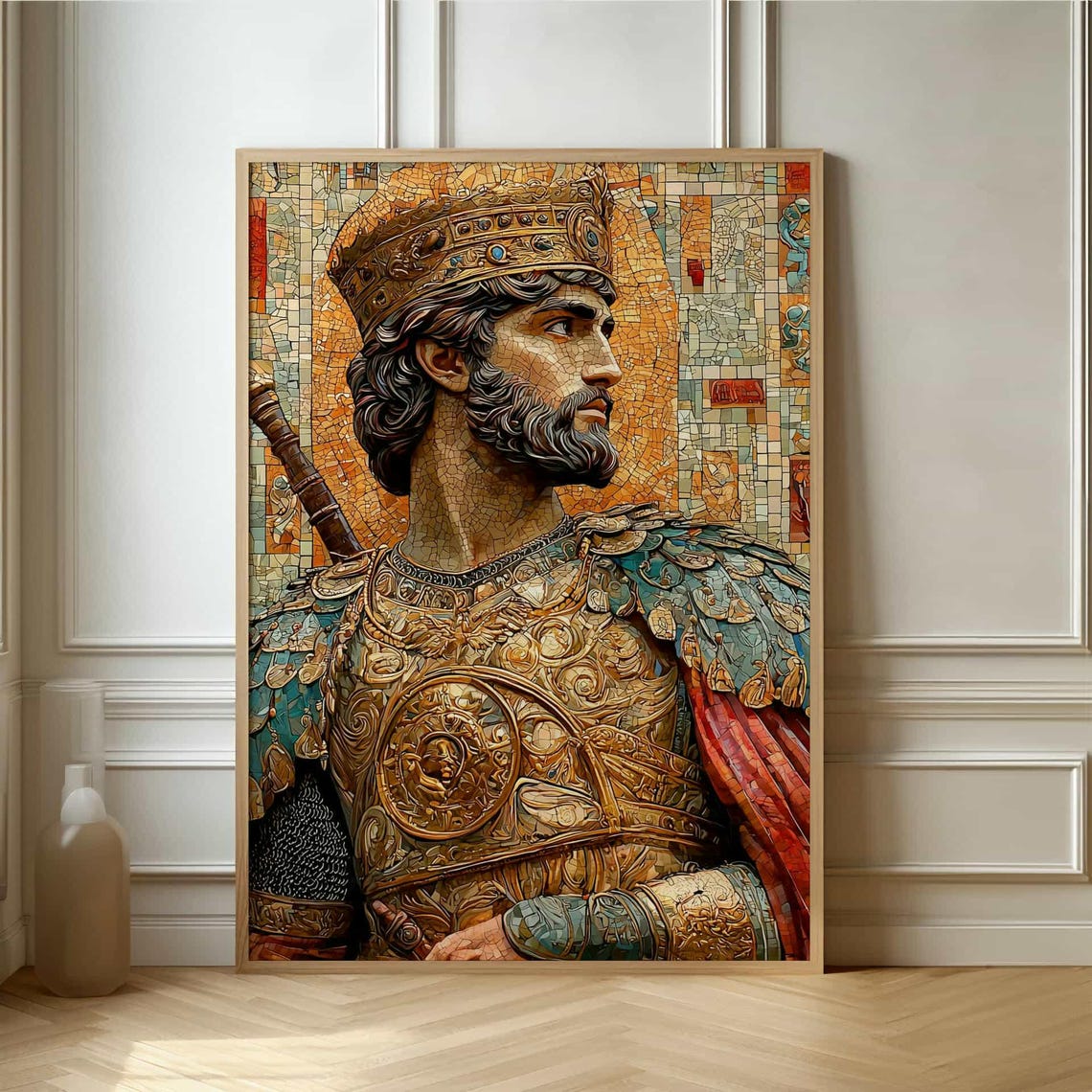 Byzantine Style Crowned Emperor In Golden Armor Mosaic Portrait Poster