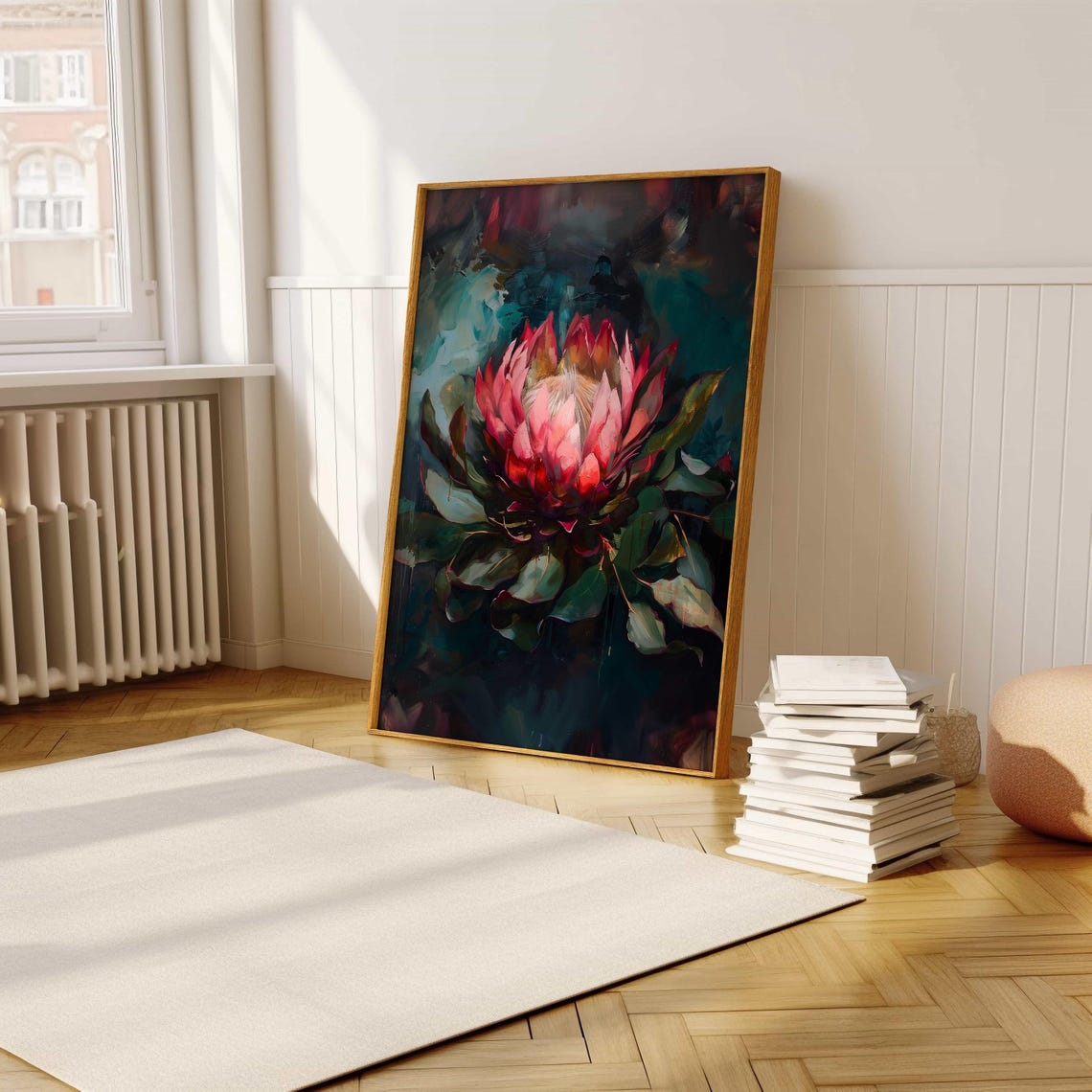 Pink Protea Blossom Oil Painting on Moody Teal Backdrop Poster - Image 5