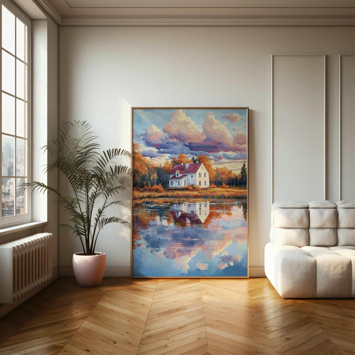 White Lakeside House with Red Roof Autumn Reflection Painting Poster - Image 2