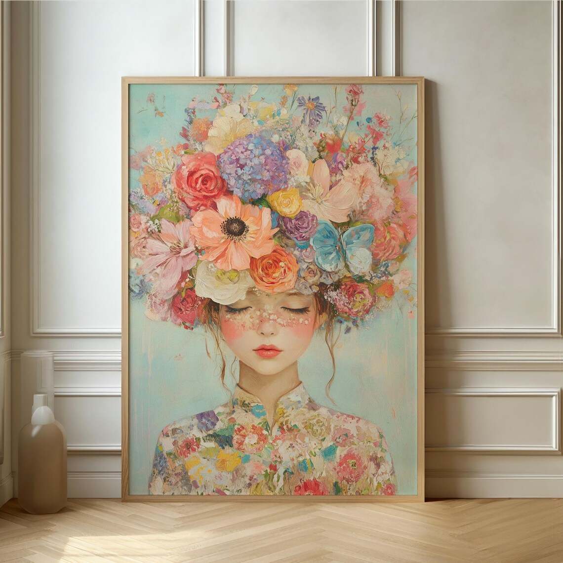 Woman with Floral Headdress Pastel Romantic Portrait Wall Poster