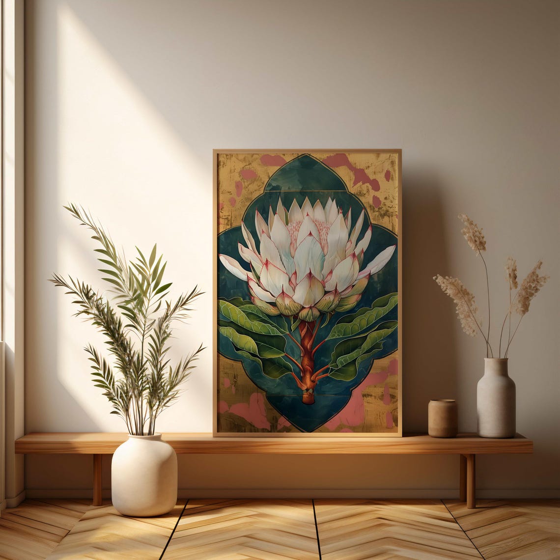 Majestic White King Protea Gold Leaf Ornate Botanical Art Poster - Image 3