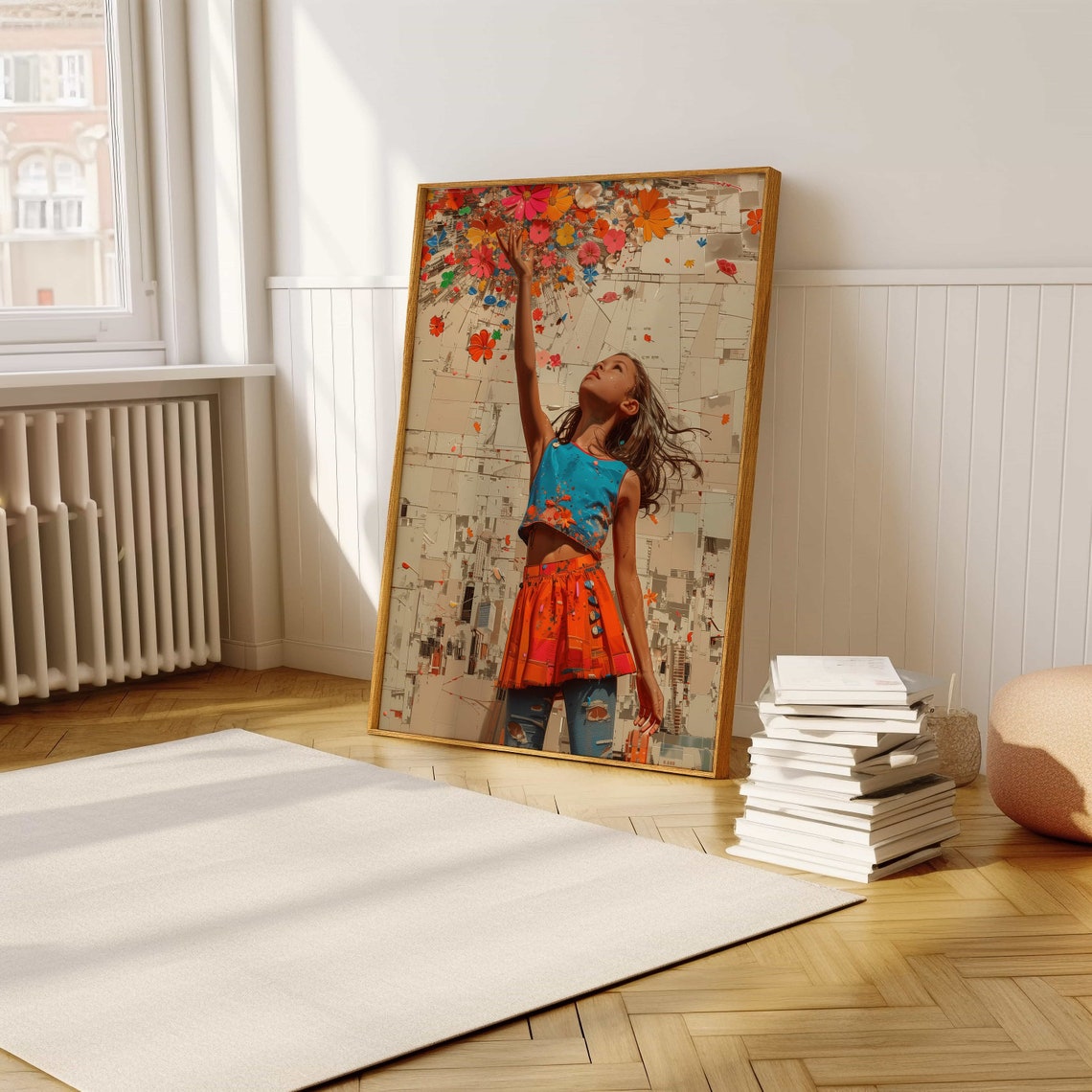 Joyful Child Tossing Flowers Urban Collage Whimsy Art Poster - Image 5