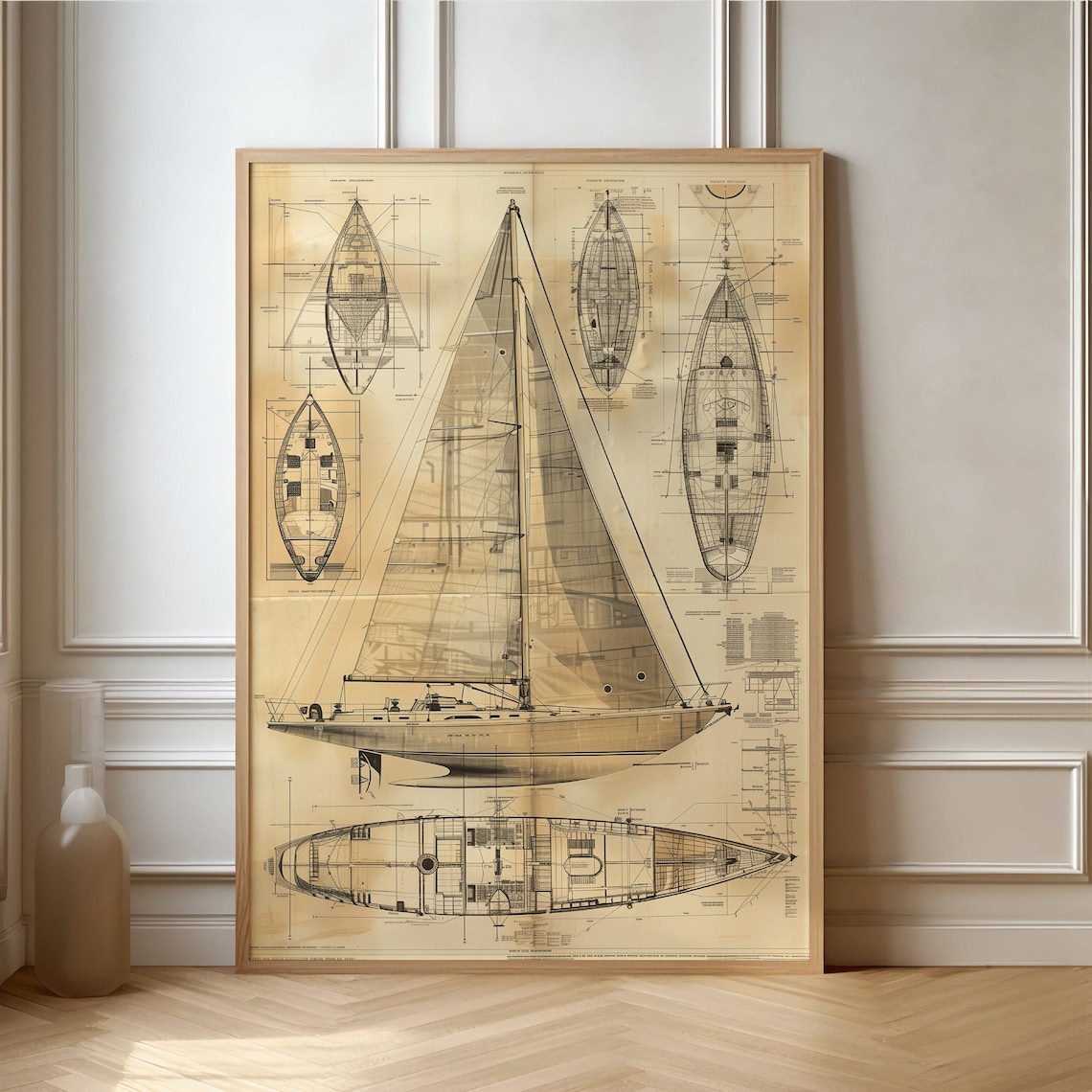 Vintage Sailboat Blueprint Poster, Nautical Boat Diagram