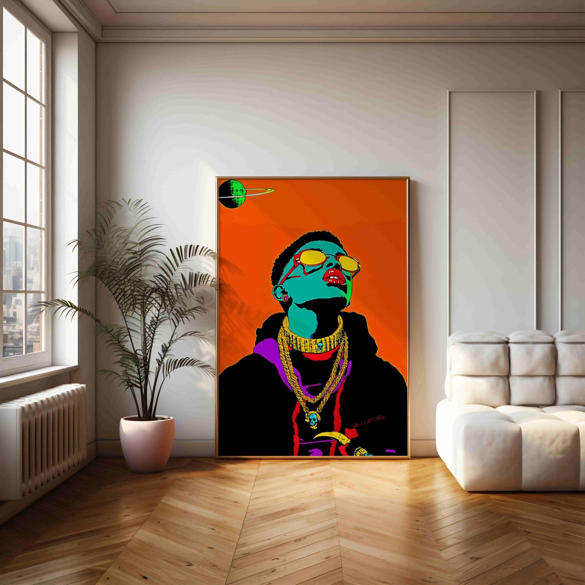 Pop Art Portrait Man With Gold Chains Orange Background Art Print - Image 2