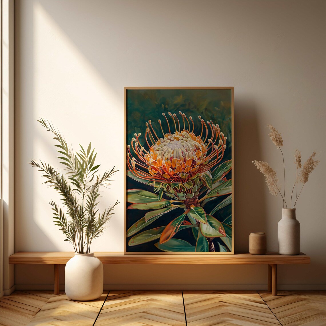 Orange Protea Flower Close-Up Dark Green Botanical Painting Poster - Image 3