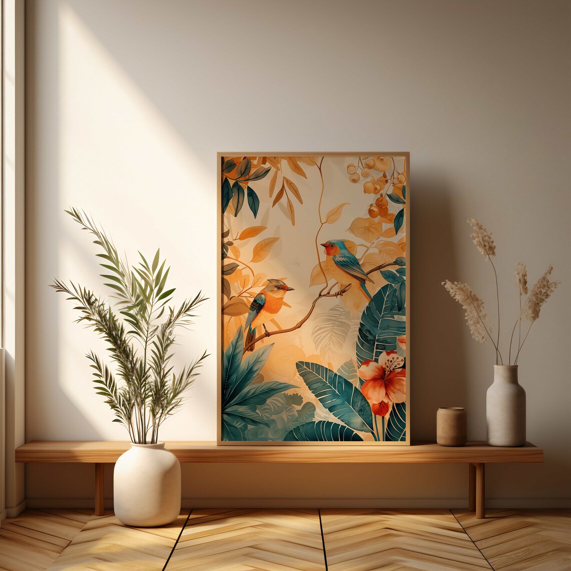 Two Tropical Songbirds on a Branch Botanical Watercolor Wall Art - Image 3
