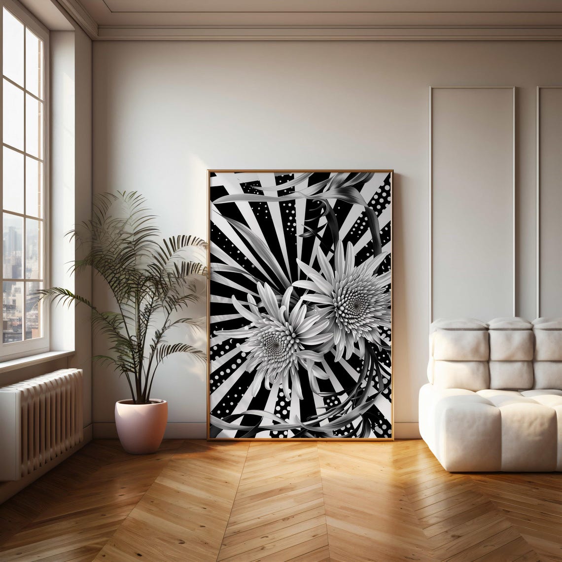 Dynamic Floral Contrast Bold Black And White Flower Poster With Radiant Background For Modern Interiors - Image 2
