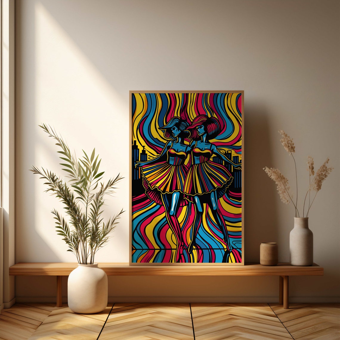 Neon Dancing Duo In Striped Dresses Vibrant Colorful Pop Art Poster - Image 3