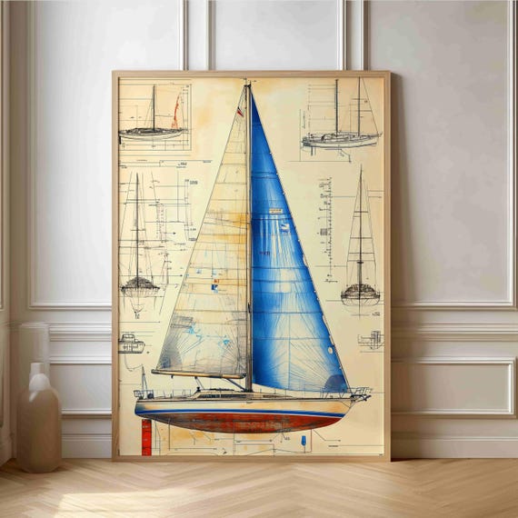 Vintage Sailboat Diagram Poster Nautical Blueprint Art For Home Decor