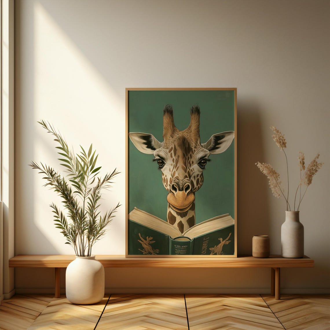 Curious Giraffe Reading A Book On Teal Background Animal Poster - Image 3