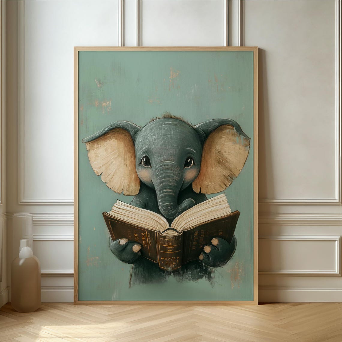 Baby Elephant Reading A Book On Teal Cute Nursery Room Poster