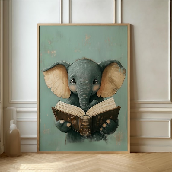 Baby Elephant Reading A Book On Teal Cute Nursery Room Poster
