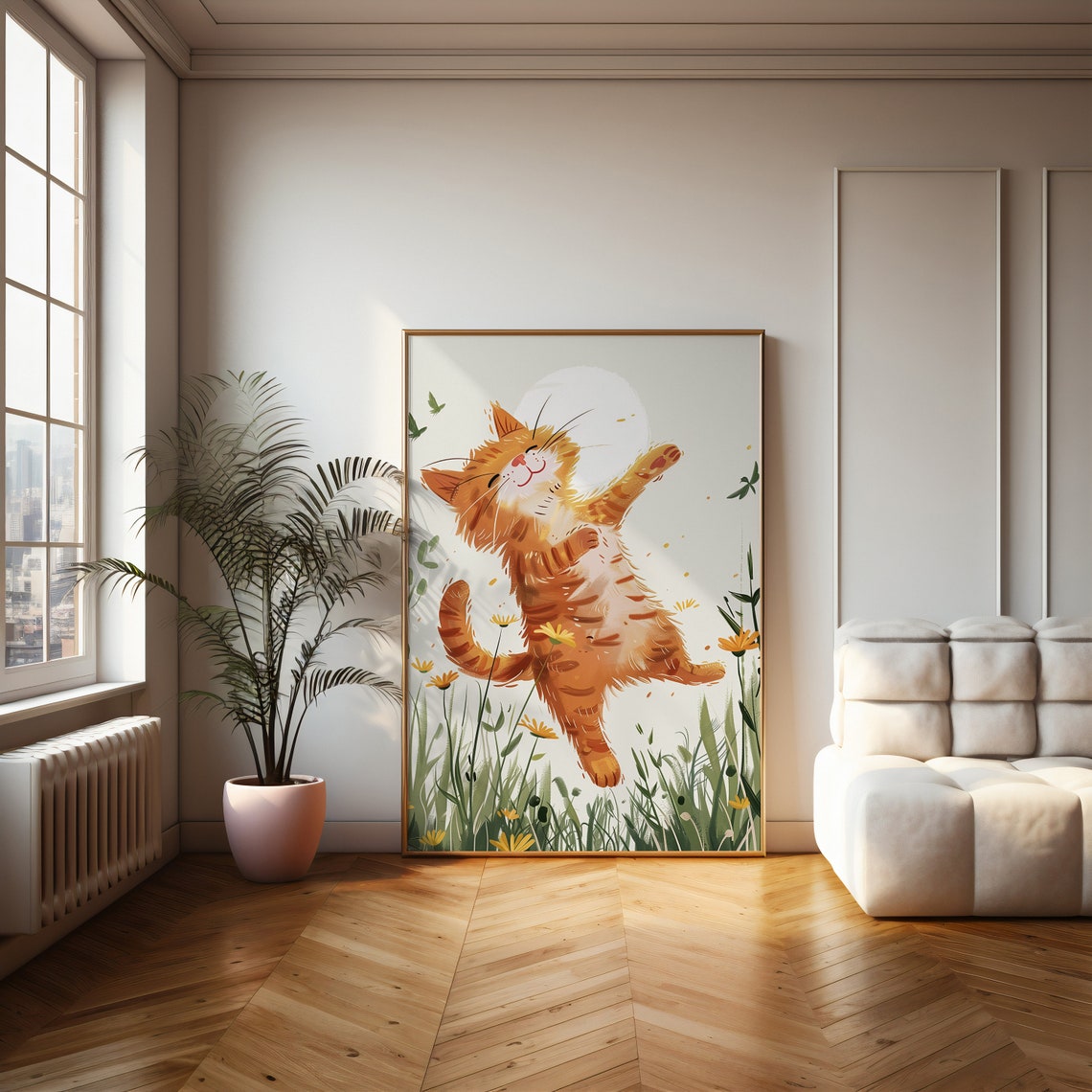 Joyful Ginger Cat Dancing in a Sunny Flower Meadow Art Poster - Image 2
