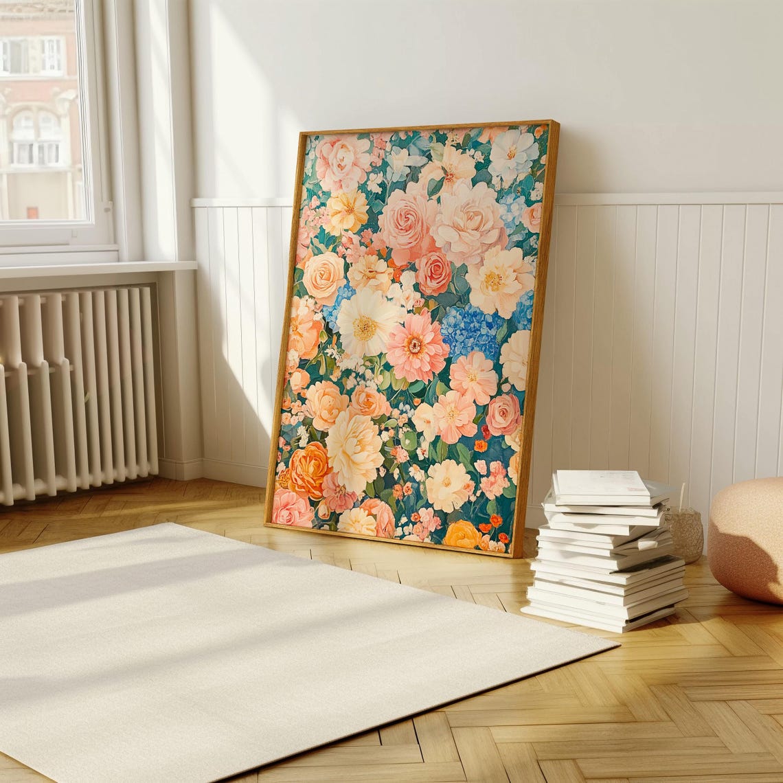 Peach Roses and Peonies Dense Floral Pattern Botanical Wall Poster - Image 5