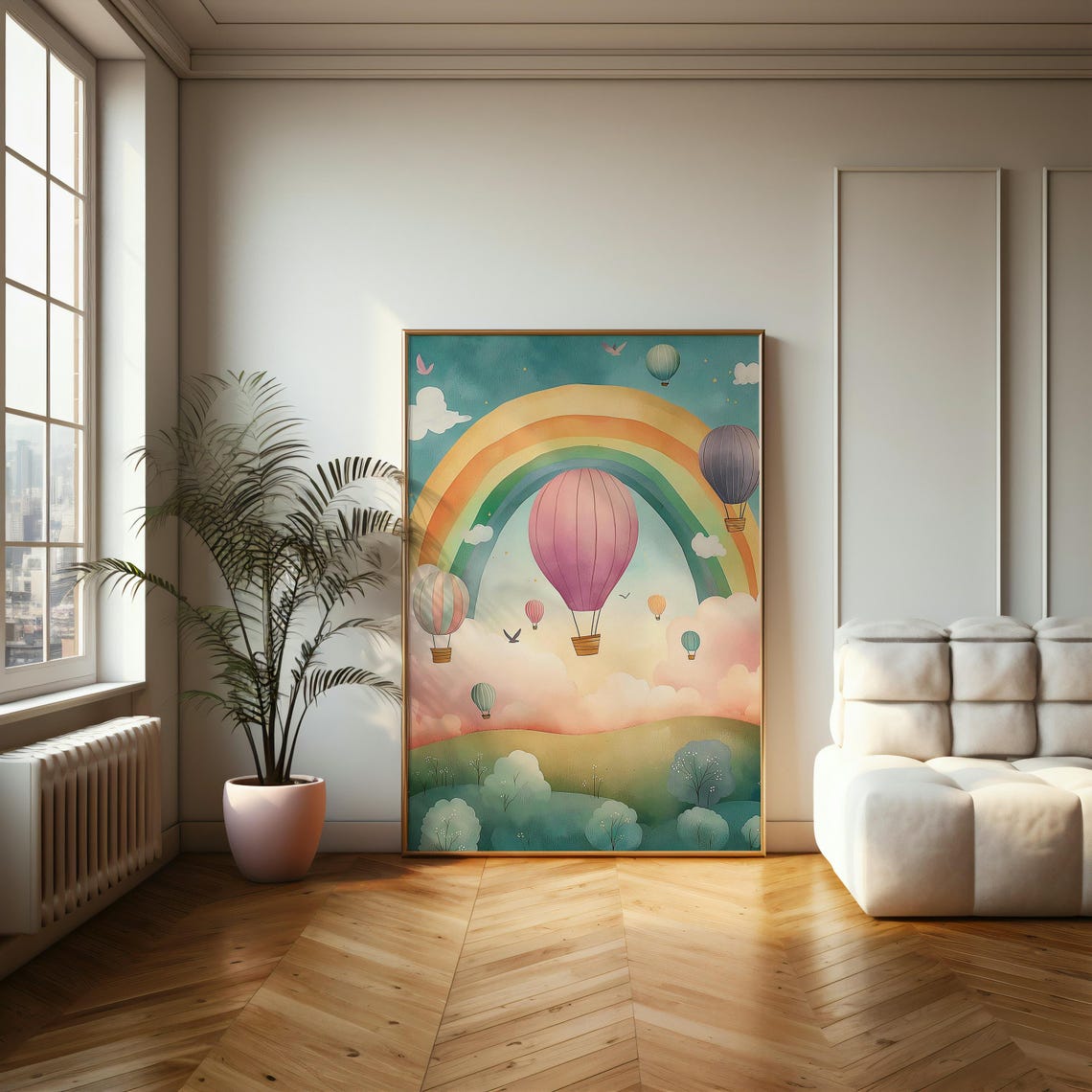 Rainbow Sky Hot Air Balloons Whimsical Pastel Nursery Poster - Image 2