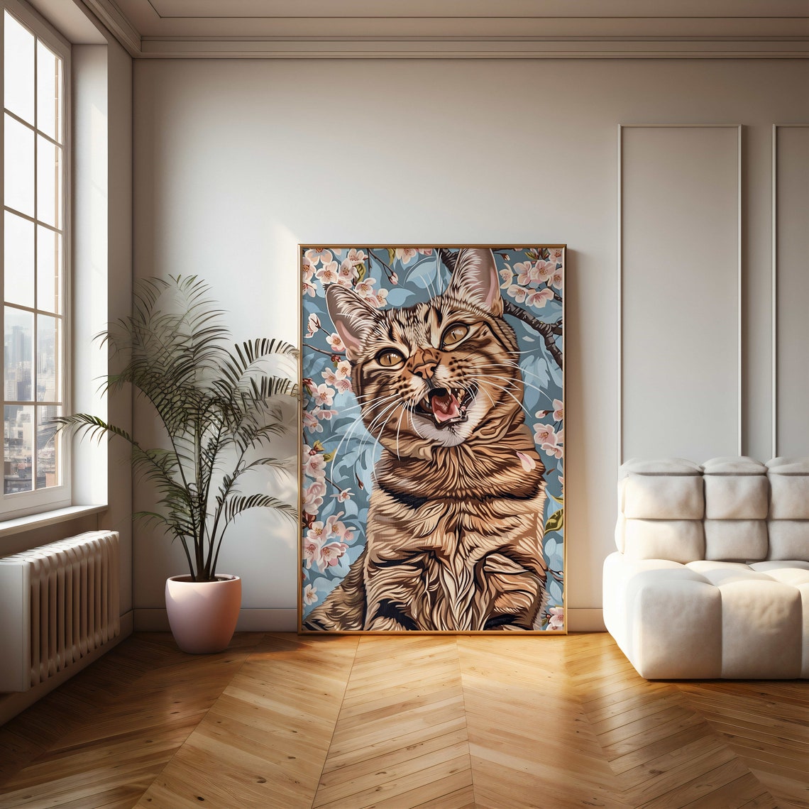 Playful Tabby Cat With Cherry Blossom Background Illustration Poster - Image 2