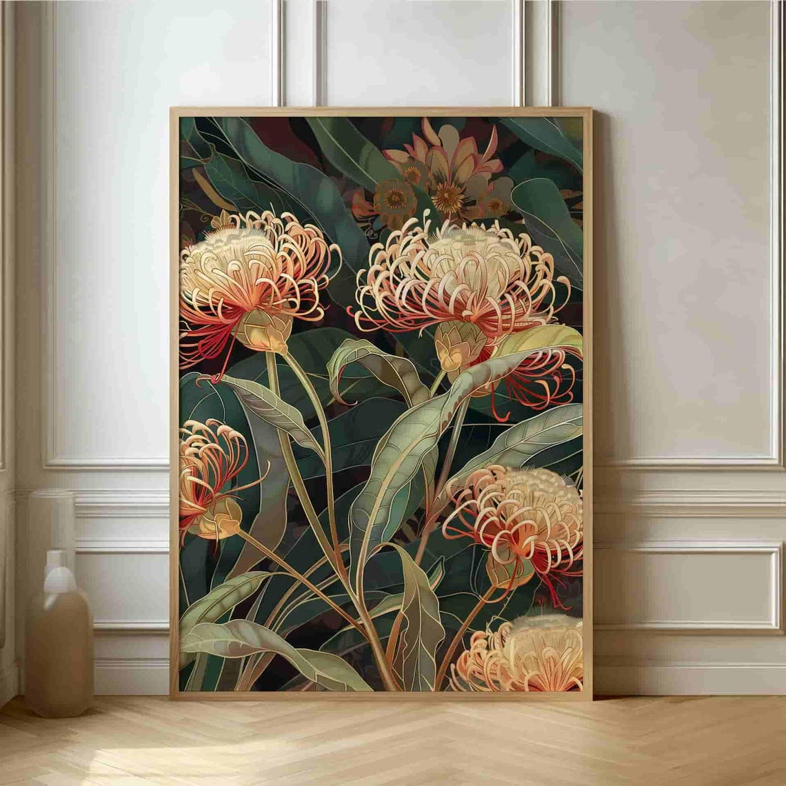 Elegant Cream Protea Blossoms Art Nouveau Style Botanical Poster