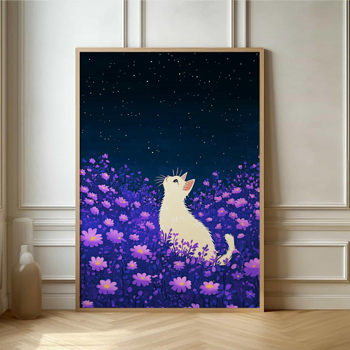 Whimsical Cat and Stars Poster, Floral Art Print