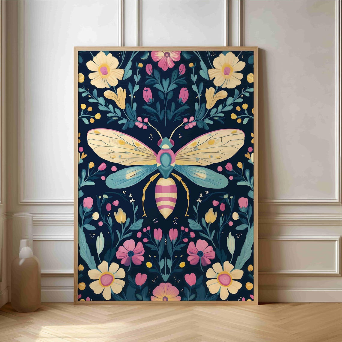 Symmetrical Folk Art Bee With Garden Flowers Deep Navy Art Print