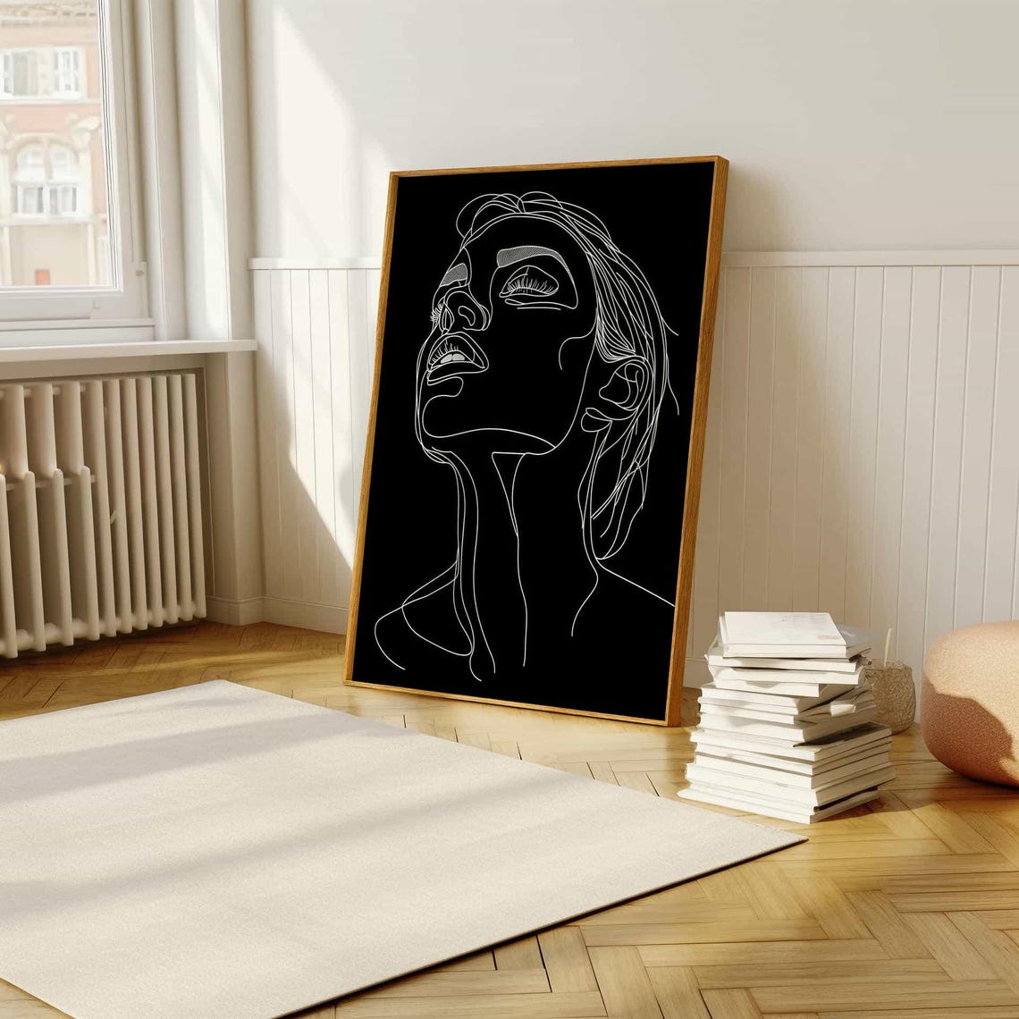Minimalist Black And White Single Line Woman Face Looking Up Wall Art - Image 5