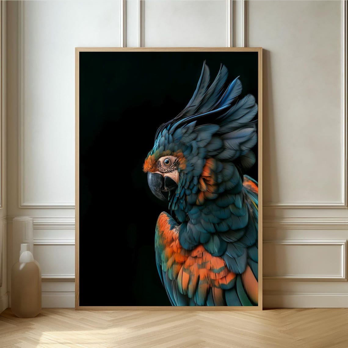 Macaw Parrot Portrait on Black Background Wildlife Art Poster