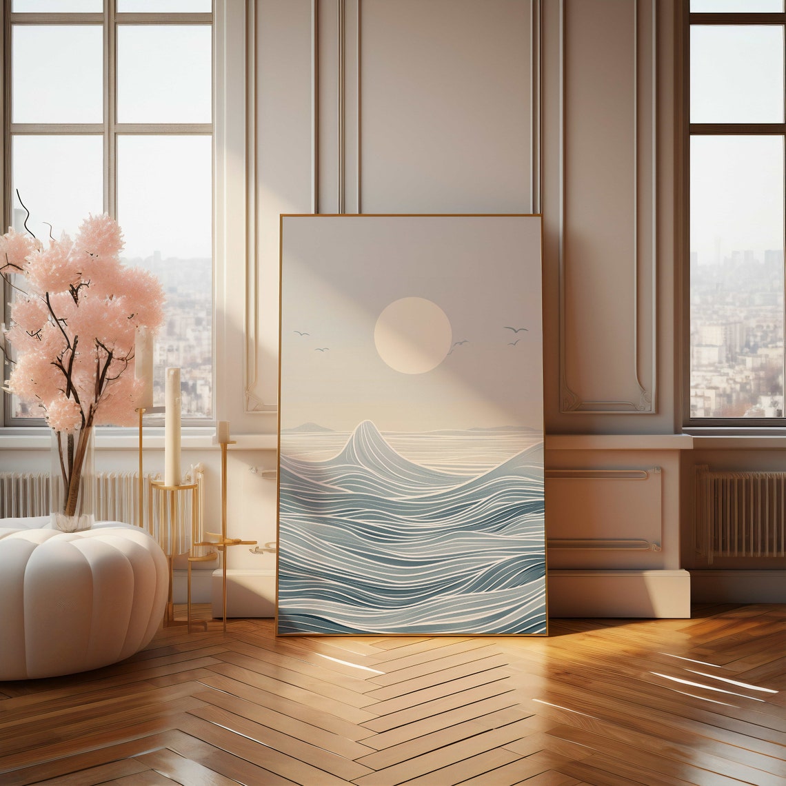 Minimalist Ocean Waves Beneath a Pale Moon Seascape Art Poster - Image 4