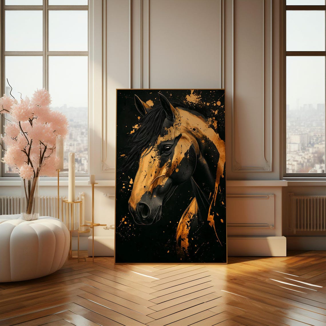 Black and Gold Horse Portrait Dramatic Splash Art Wall Poster - Image 4