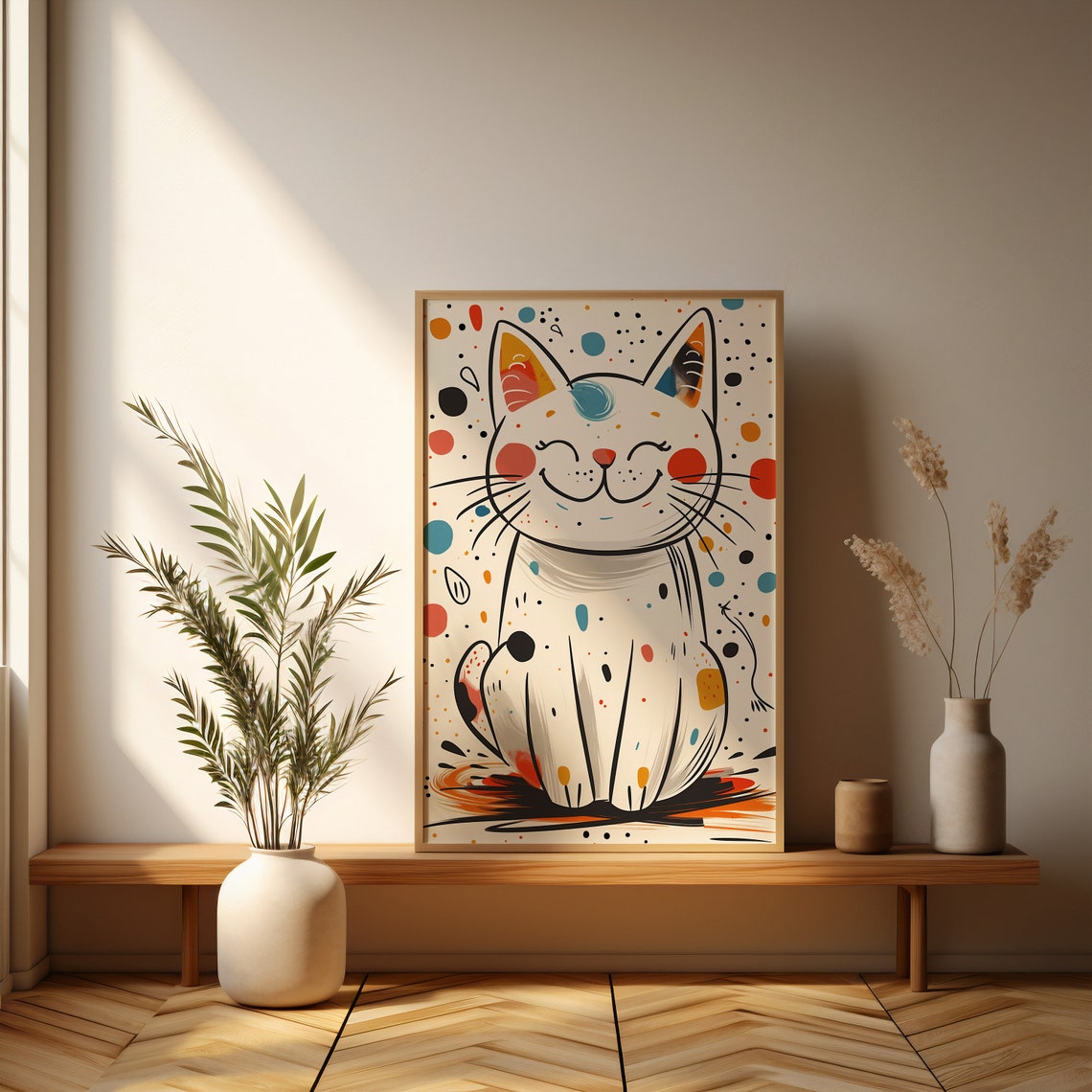 Smiling White Cat With Colorful Polka Dots Whimsical Art Poster - Image 3