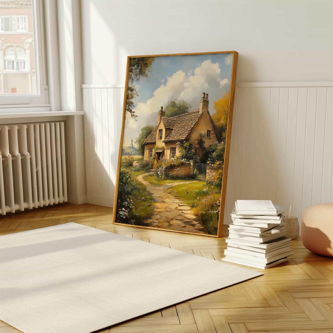Charming Stone Cottage with Garden Path Rustic Oil Painting Poster - Image 5
