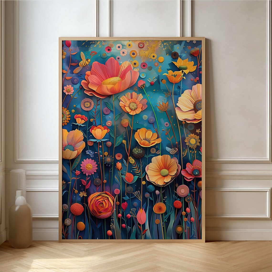 Midnight Blue Fantasy Blooming Flower Garden Mixed Media Art Poster