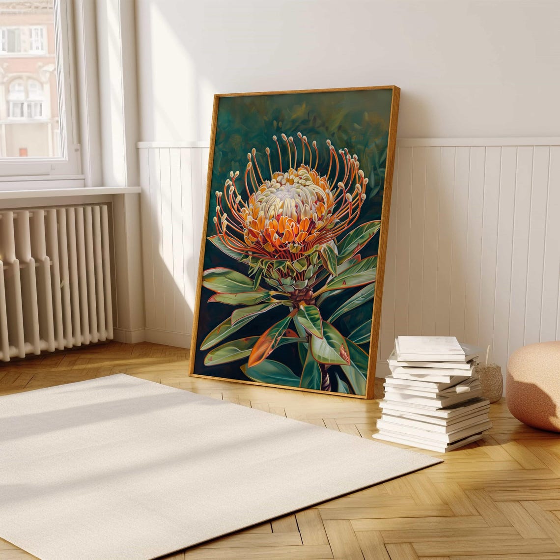 Orange Protea Flower Close-Up Dark Green Botanical Painting Poster - Image 5