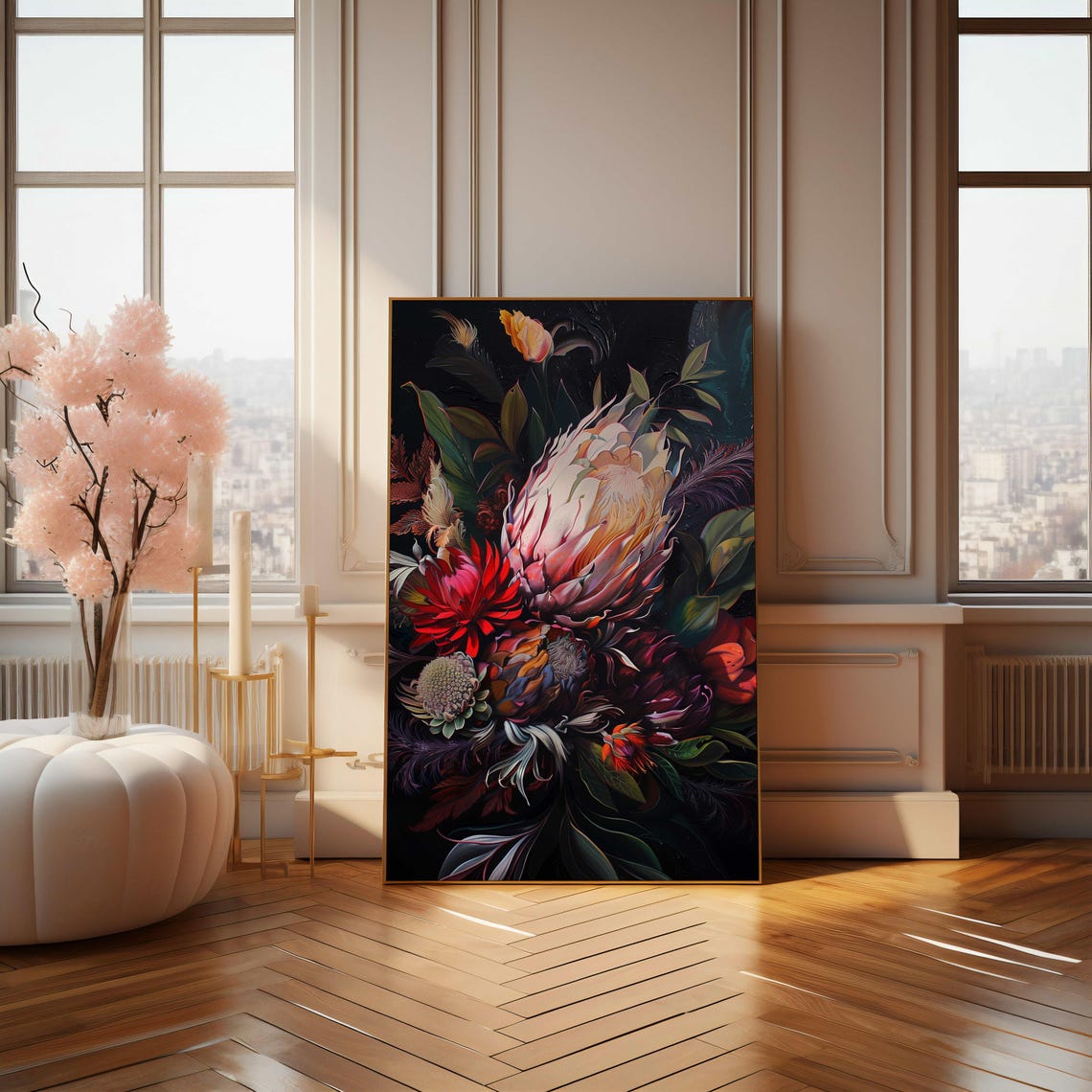Moody Dark Botanical Bouquet with King Proteas Painting Art Poster - Image 4