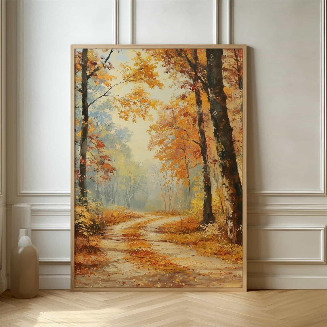 Golden Autumn Forest Path With Falling Leaves Oil Painting Poster