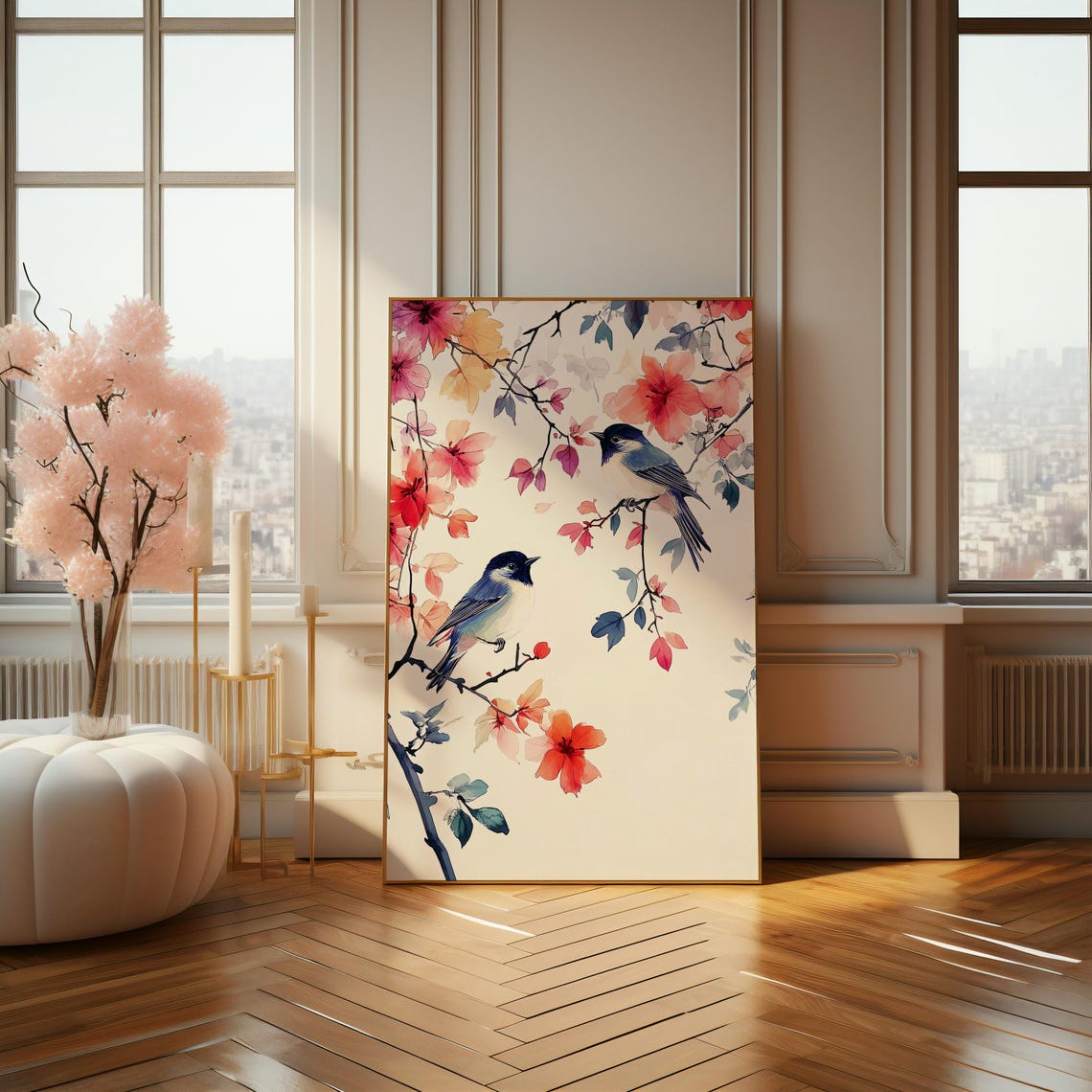 Blue Birds On Cherry Blossom Branches Watercolor Floral Poster - Image 4