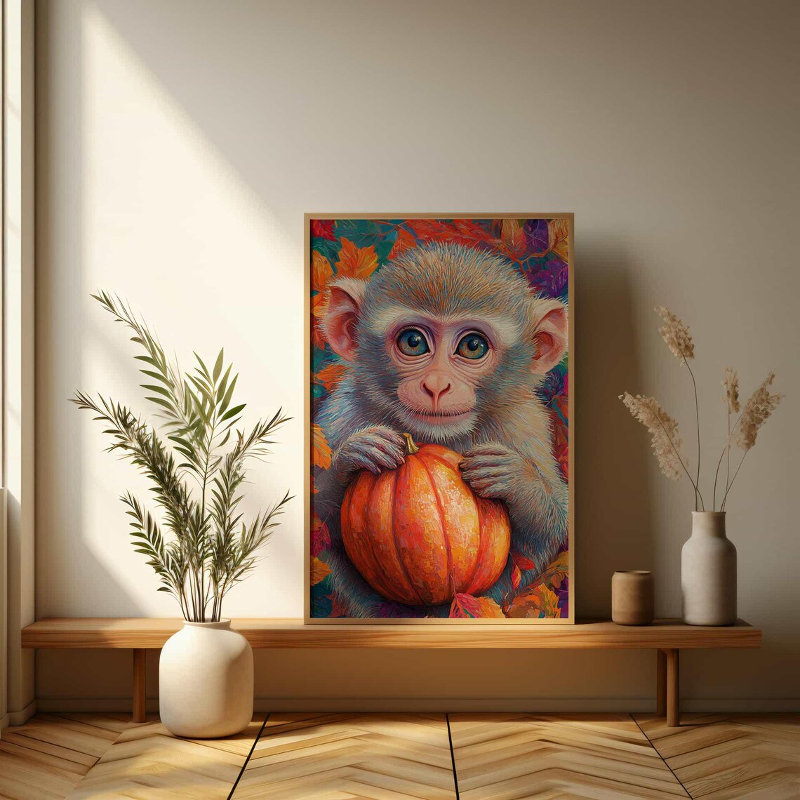 Adorable Baby Monkey Holding a Pumpkin Autumn Leaves Art Poster - Image 3