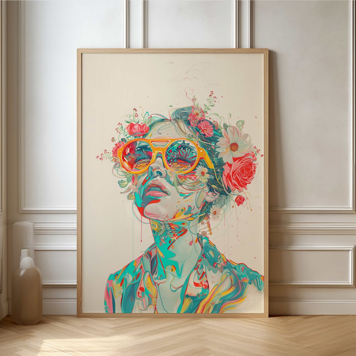 Woman In Yellow Sunglasses Colorful Floral Illustration Poster