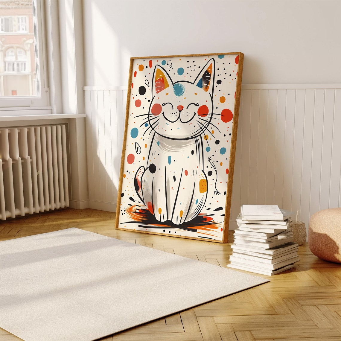 Smiling White Cat With Colorful Polka Dots Whimsical Art Poster - Image 5