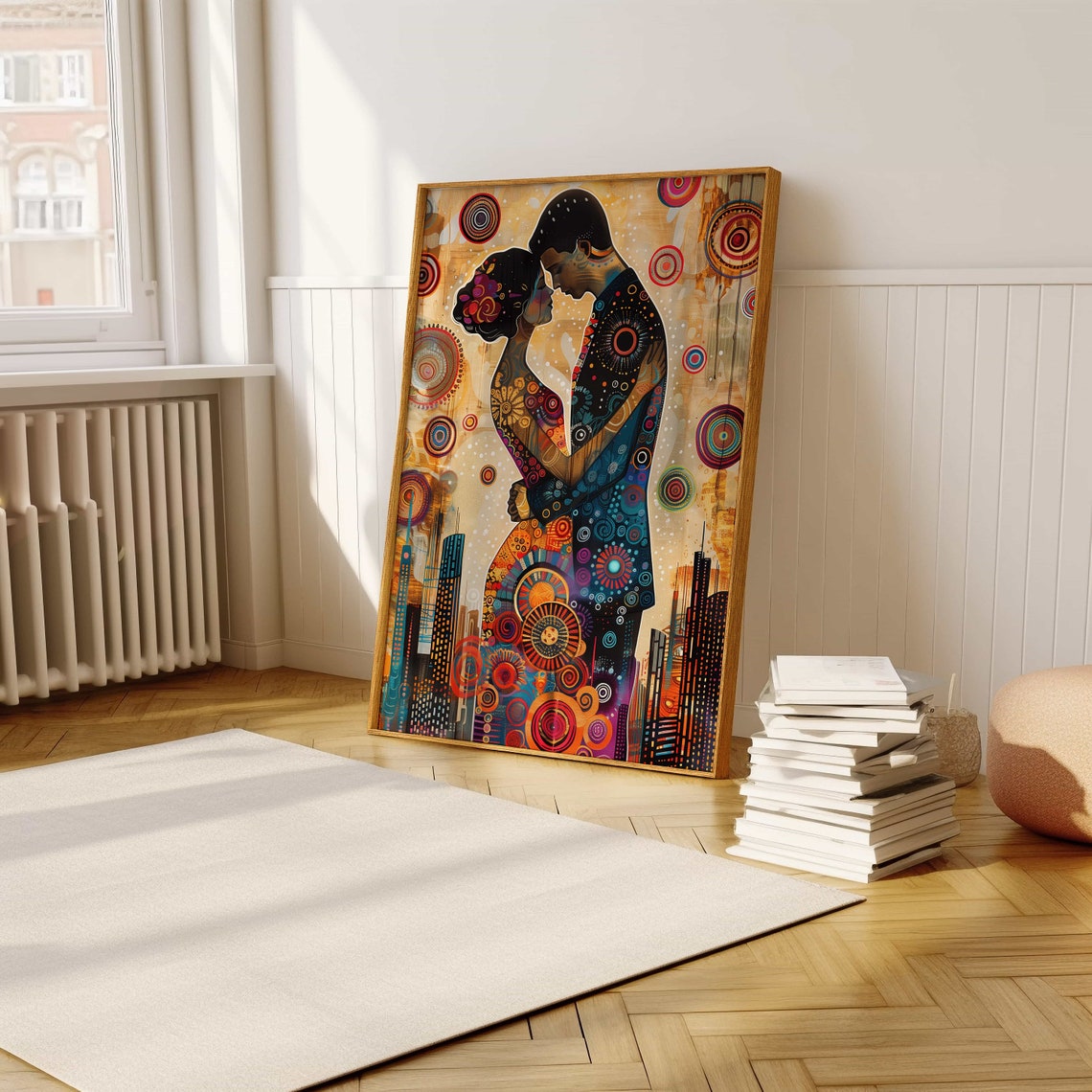 Romantic Couple Embracing African Patterned Celebration Art Poster - Image 5