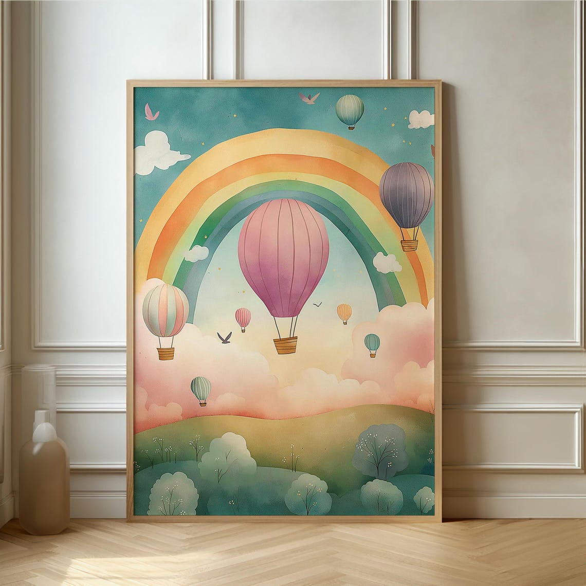 Rainbow Sky Adventure Print Vintage Style Hot Air Balloons Artwork Perfect For Brightening Up Modern Nurseries