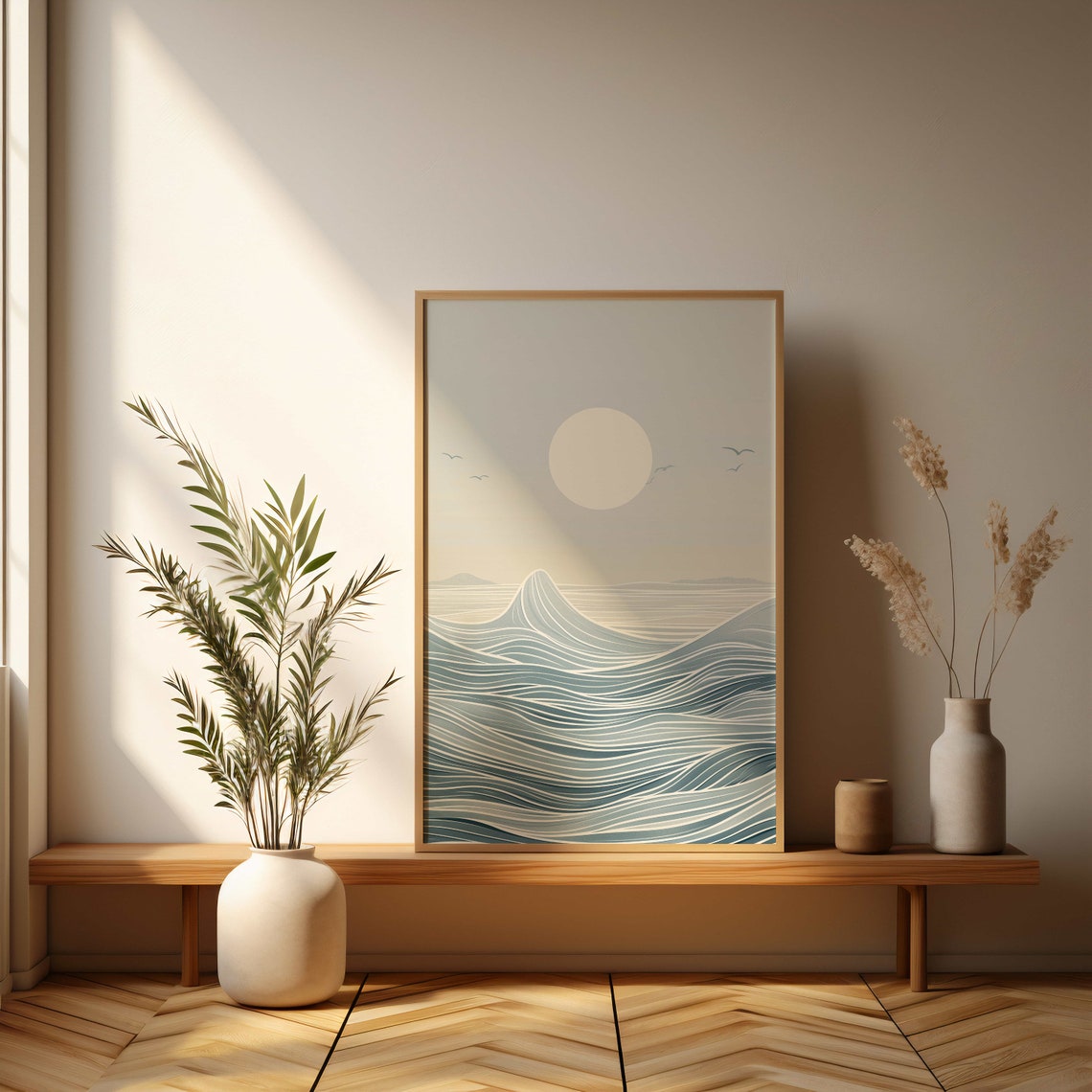 Minimalist Ocean Waves Beneath a Pale Moon Seascape Art Poster - Image 3