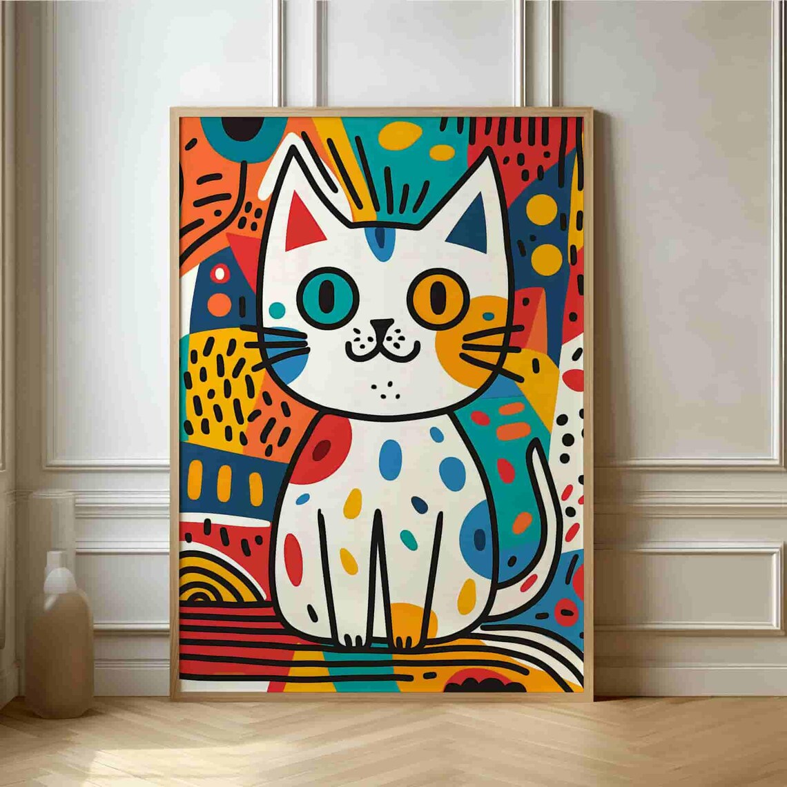 Whimsical Doodle Cat Colorful Pop Art Kitty Illustration Poster