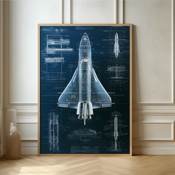 Space Shuttle Technical Schematic Drawing on Dark Background Poster