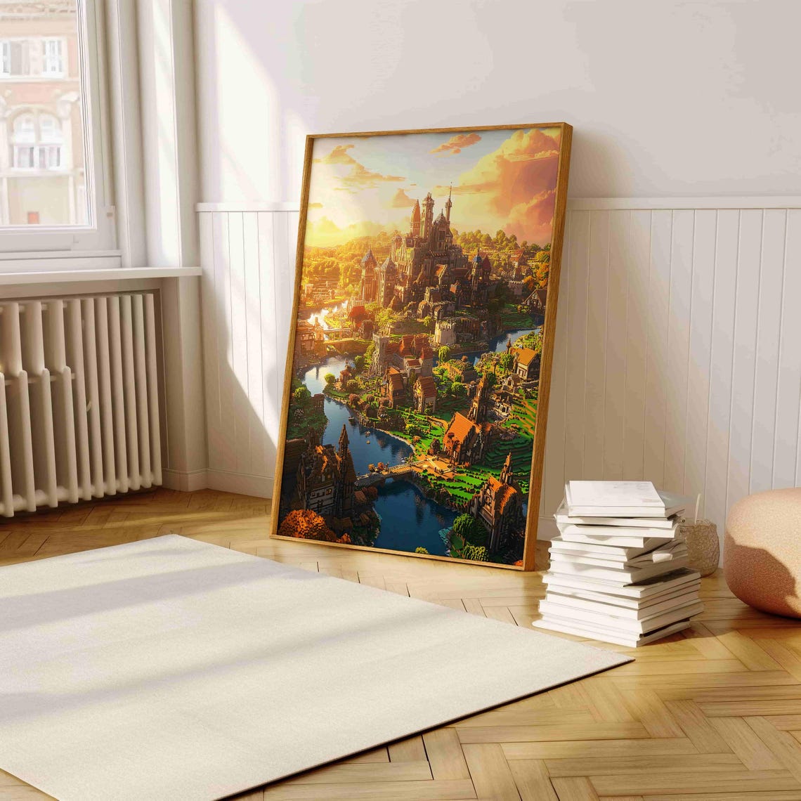Voxel Castle Town By River At Sunset Epic Gaming Fantasy Art Print - Image 5