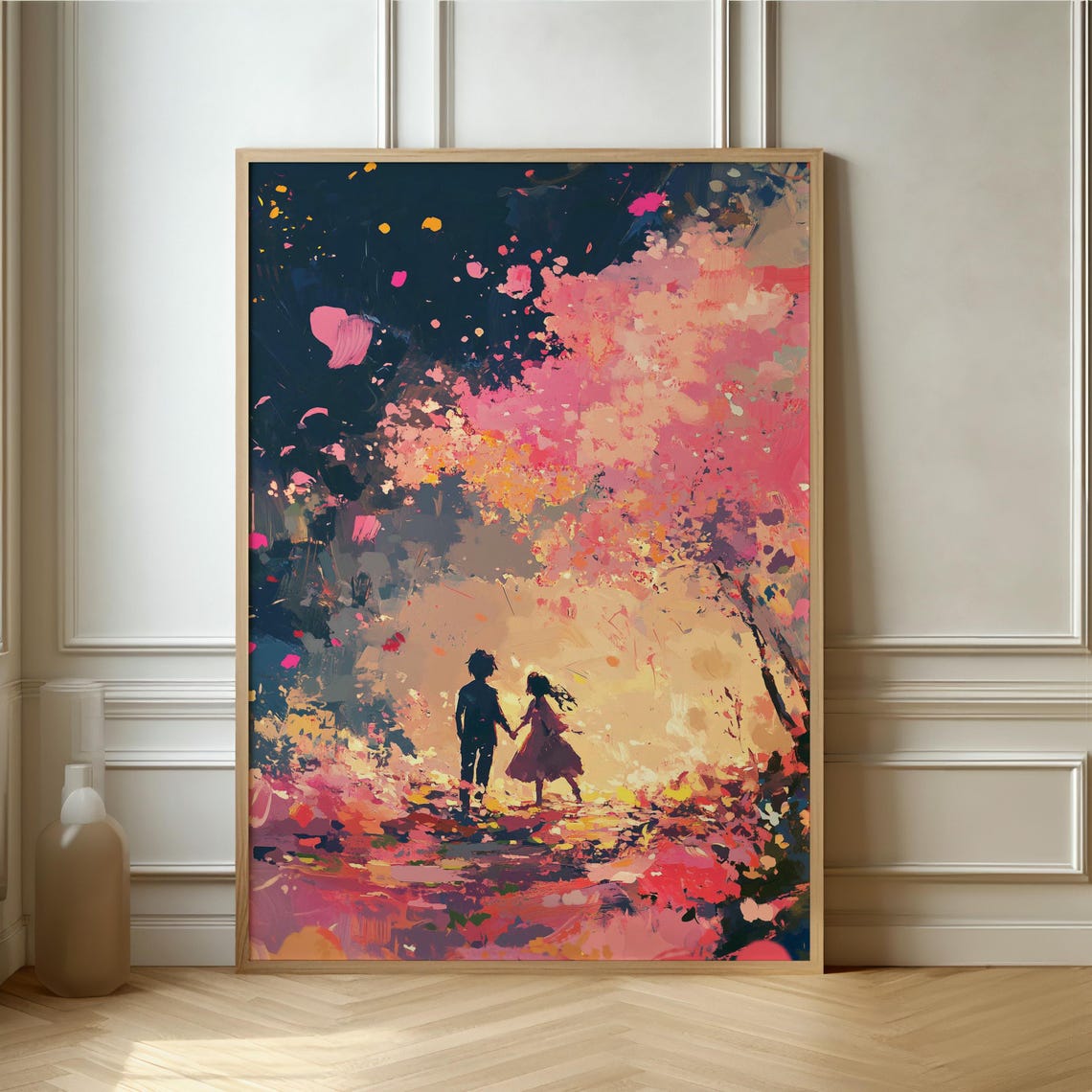 Lovers Walking Under Cherry Blossoms Romantic Sunset Art Poster
