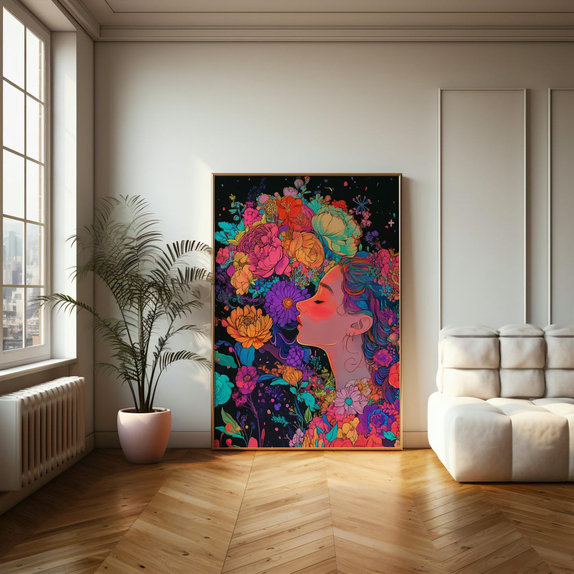 Neon Floral Woman Profile In Vibrant Pop Art Portrait Poster - Image 2