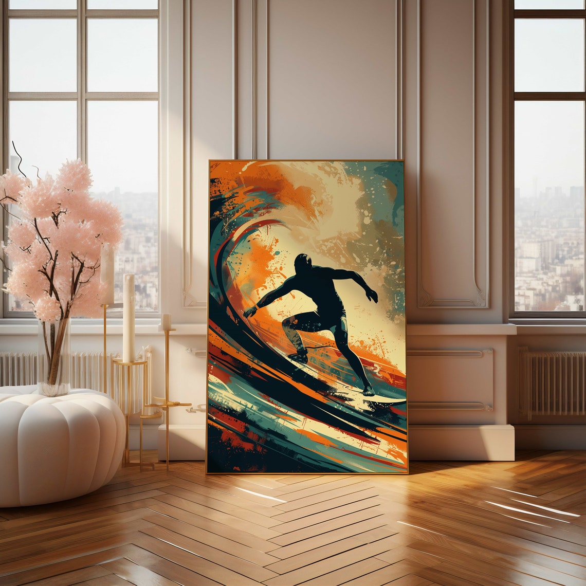 Surfer Riding a Bold Orange Barrel Wave Surf Illustration Poster - Image 4